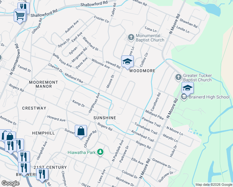 map of restaurants, bars, coffee shops, grocery stores, and more near 703 Woodmore Lane in Chattanooga