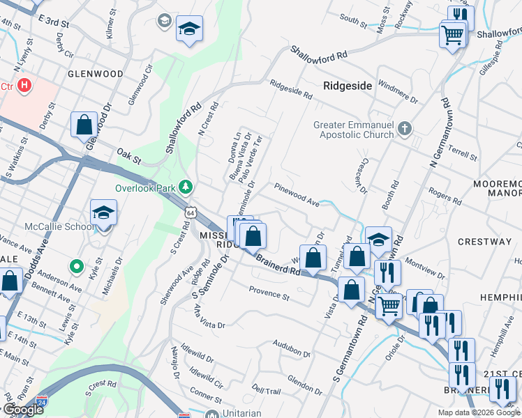 map of restaurants, bars, coffee shops, grocery stores, and more near 3306 Pinewood Terrace in Chattanooga