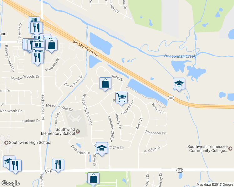 map of restaurants, bars, coffee shops, grocery stores, and more near 8325 Meadow Vale Drive in Memphis