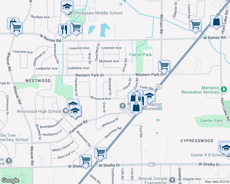 map of restaurants, bars, coffee shops, grocery stores, and more near 4366 Wanatah Street in Memphis