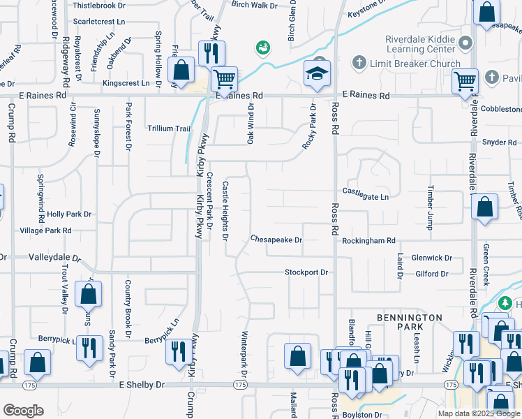 map of restaurants, bars, coffee shops, grocery stores, and more near 6578 Chauncey in Memphis