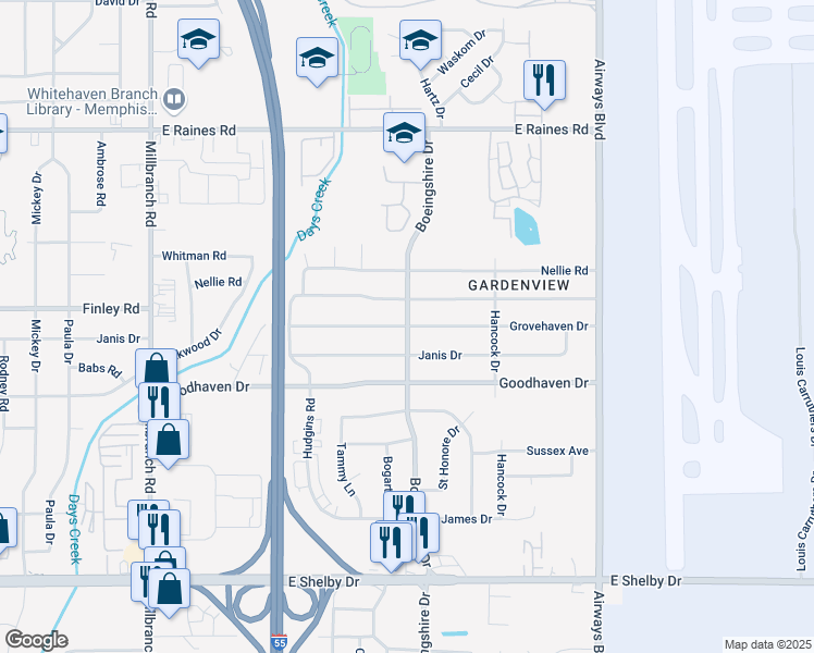 map of restaurants, bars, coffee shops, grocery stores, and more near Boeingshire Dr & Grovehaven Dr in Memphis
