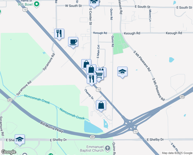 map of restaurants, bars, coffee shops, grocery stores, and more near 114 U.S. 72 in Collierville