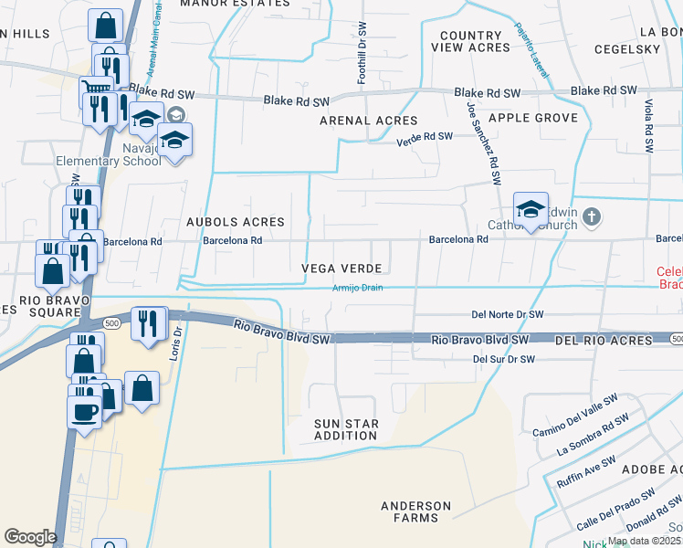 map of restaurants, bars, coffee shops, grocery stores, and more near 3115 Vega Verde Street Southwest in Albuquerque