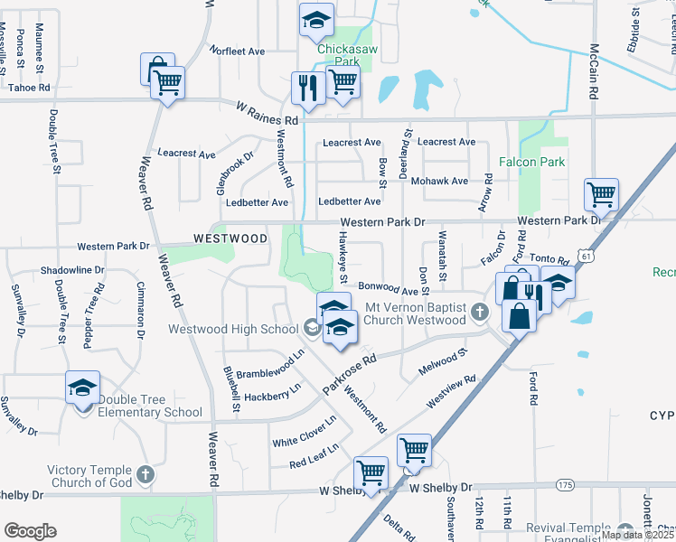 map of restaurants, bars, coffee shops, grocery stores, and more near 4375 Hawkeye Street in Memphis