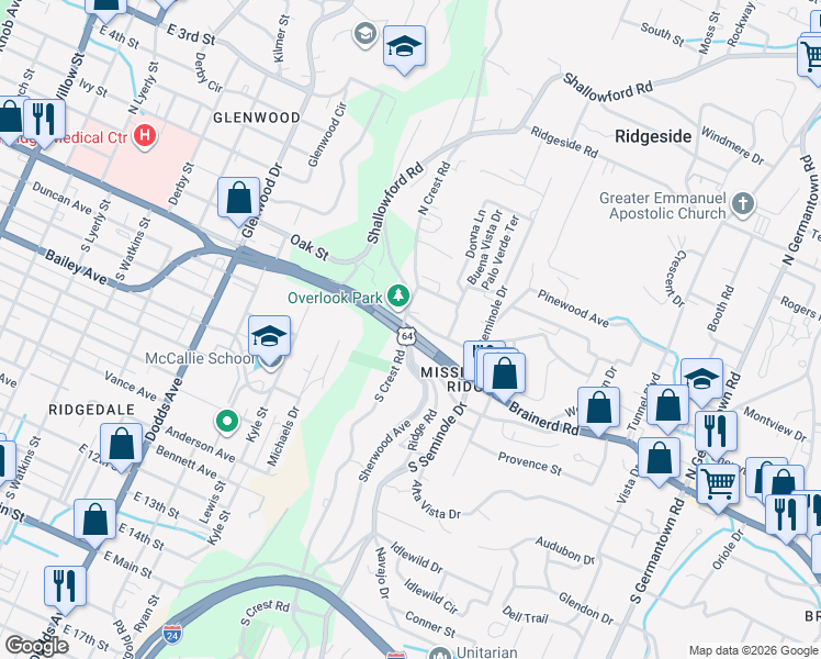 map of restaurants, bars, coffee shops, grocery stores, and more near 3104 Rose Terrace in Chattanooga