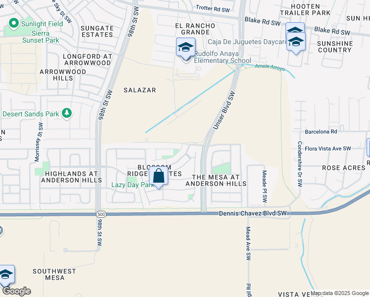 map of restaurants, bars, coffee shops, grocery stores, and more near 8904 Sandy Spring Avenue Southwest in Albuquerque