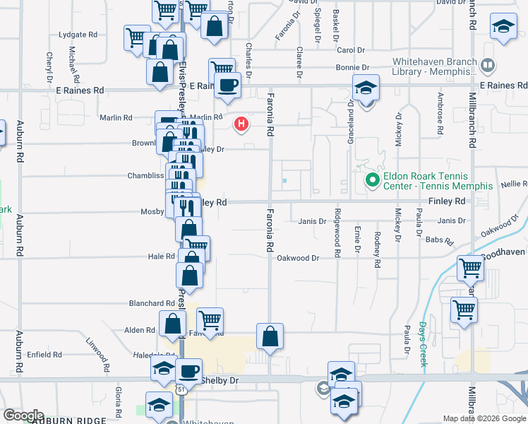 map of restaurants, bars, coffee shops, grocery stores, and more near 1331 Finley Road in Memphis