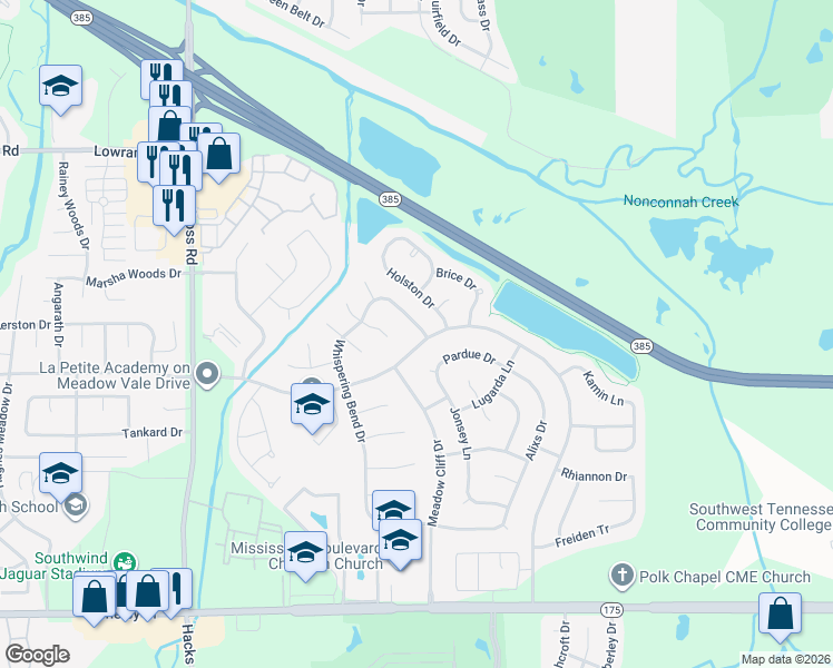 map of restaurants, bars, coffee shops, grocery stores, and more near 8278 Meadow Vale Drive in Memphis