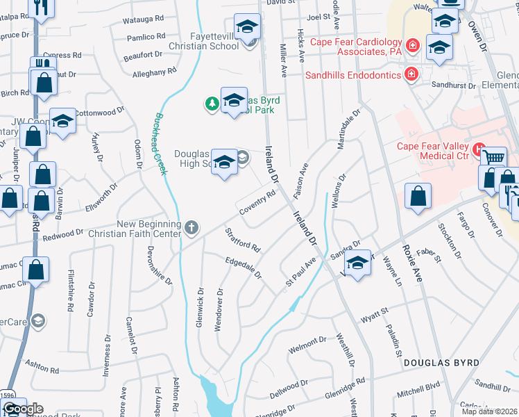 map of restaurants, bars, coffee shops, grocery stores, and more near 3911 Coventry Road in Fayetteville