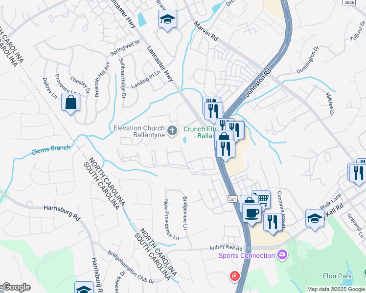 map of restaurants, bars, coffee shops, grocery stores, and more near 16270 Redstone Mountain Lane in Charlotte