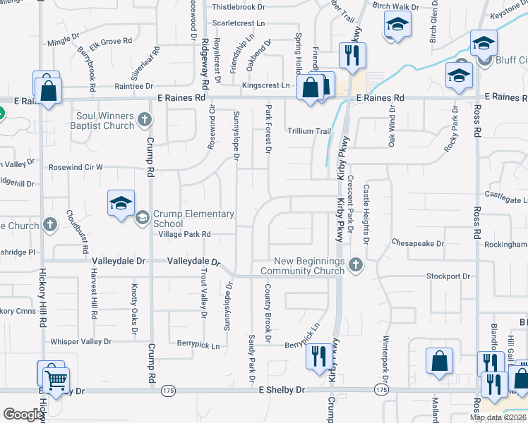 map of restaurants, bars, coffee shops, grocery stores, and more near 6301 Green Grove Drive in Memphis