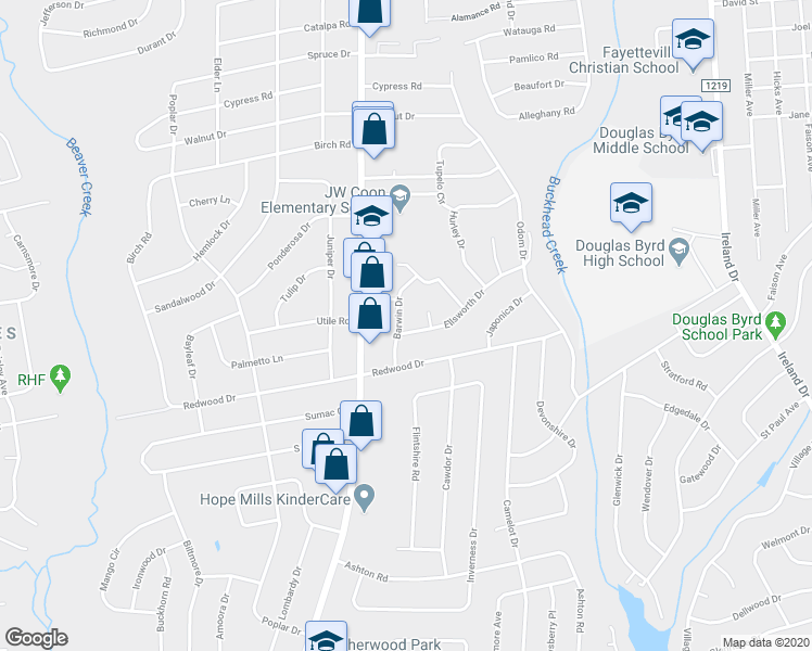 map of restaurants, bars, coffee shops, grocery stores, and more near 1115 Barwin Drive in Fayetteville
