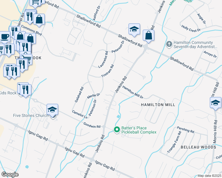 map of restaurants, bars, coffee shops, grocery stores, and more near 7815 Avalon Acres Court in Chattanooga