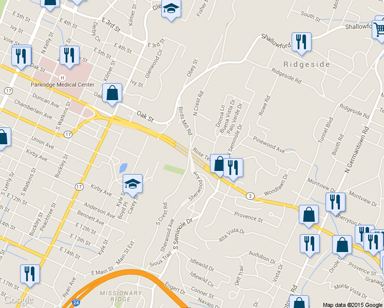 map of restaurants, bars, coffee shops, grocery stores, and more near 3104 Rose Terrace in Chattanooga