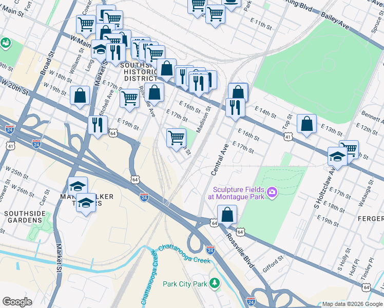 map of restaurants, bars, coffee shops, grocery stores, and more near 646 East 19th Street in Chattanooga