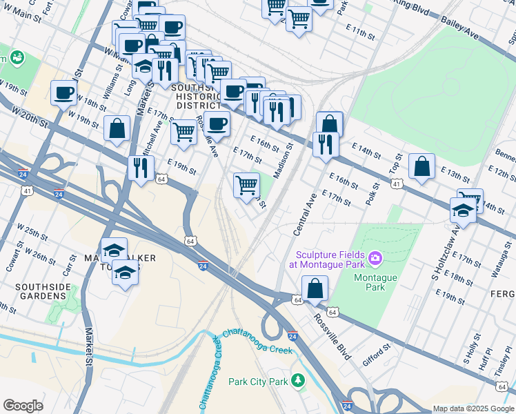 map of restaurants, bars, coffee shops, grocery stores, and more near 646 East 19th Street in Chattanooga