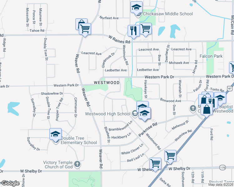 map of restaurants, bars, coffee shops, grocery stores, and more near 4371 Bluebell Street in Memphis