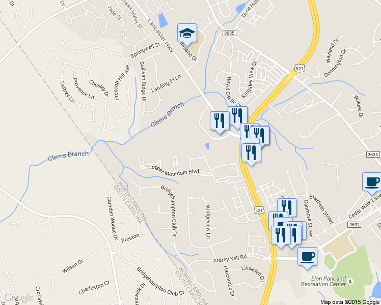 map of restaurants, bars, coffee shops, grocery stores, and more near 16348 Redstone Mountain Lane in Charlotte