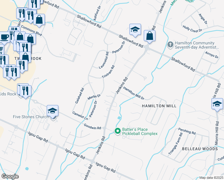 map of restaurants, bars, coffee shops, grocery stores, and more near 7815 Avalon Acres Court in Chattanooga