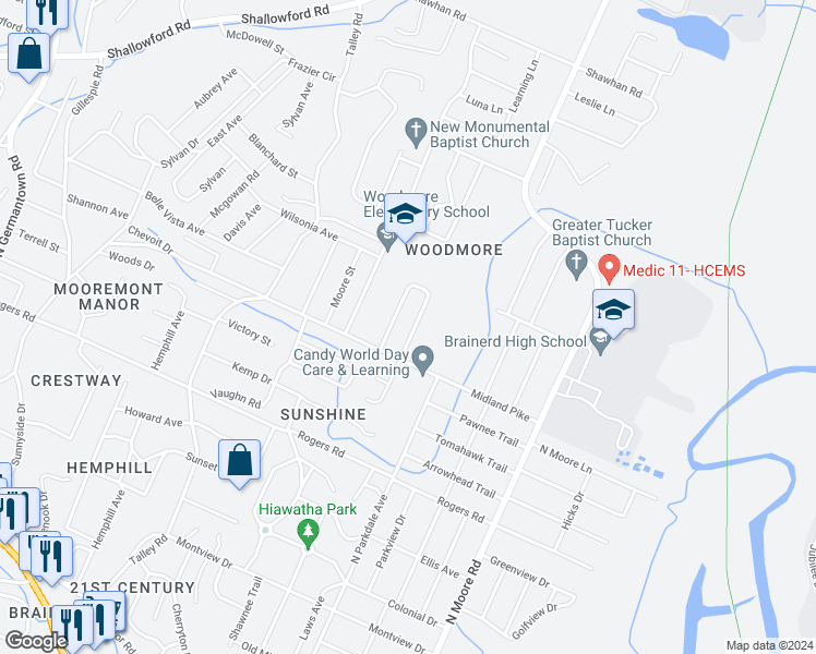 map of restaurants, bars, coffee shops, grocery stores, and more near 736 East Henderson Drive in Chattanooga