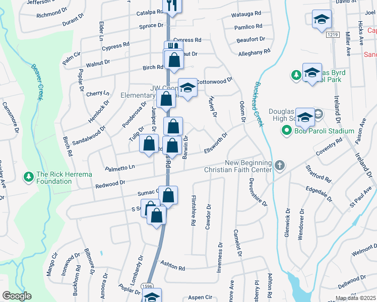 map of restaurants, bars, coffee shops, grocery stores, and more near 1115 Barwin Drive in Fayetteville
