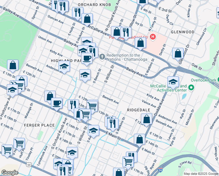 map of restaurants, bars, coffee shops, grocery stores, and more near 2113 Vance Avenue in Chattanooga