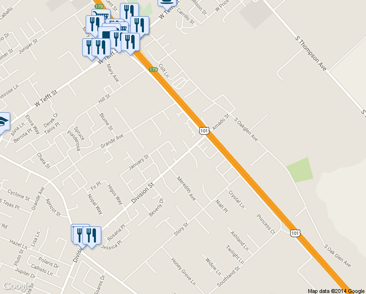 map of restaurants, bars, coffee shops, grocery stores, and more near 562 Division Street in Nipomo