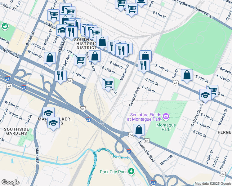 map of restaurants, bars, coffee shops, grocery stores, and more near 646 East 19th Street in Chattanooga