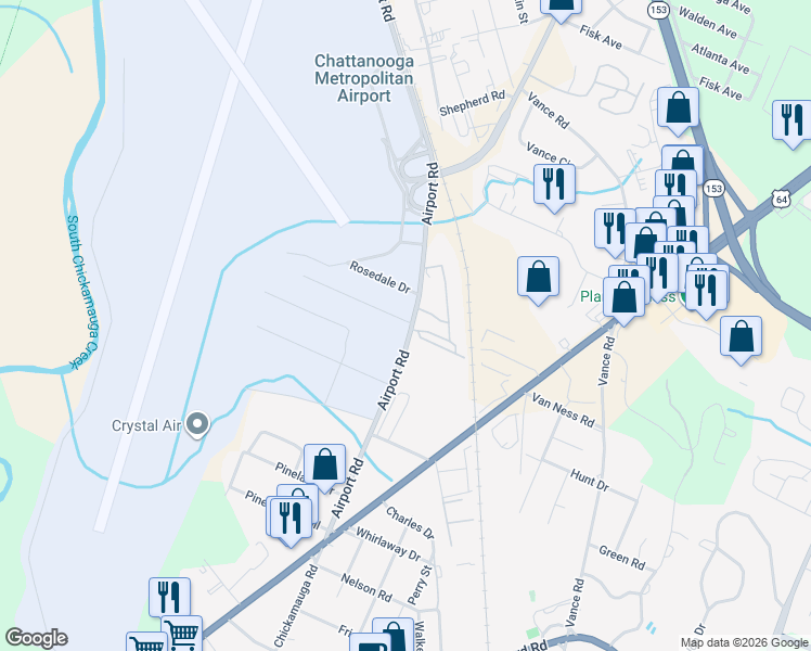 map of restaurants, bars, coffee shops, grocery stores, and more near 837 Airport Road in Chattanooga
