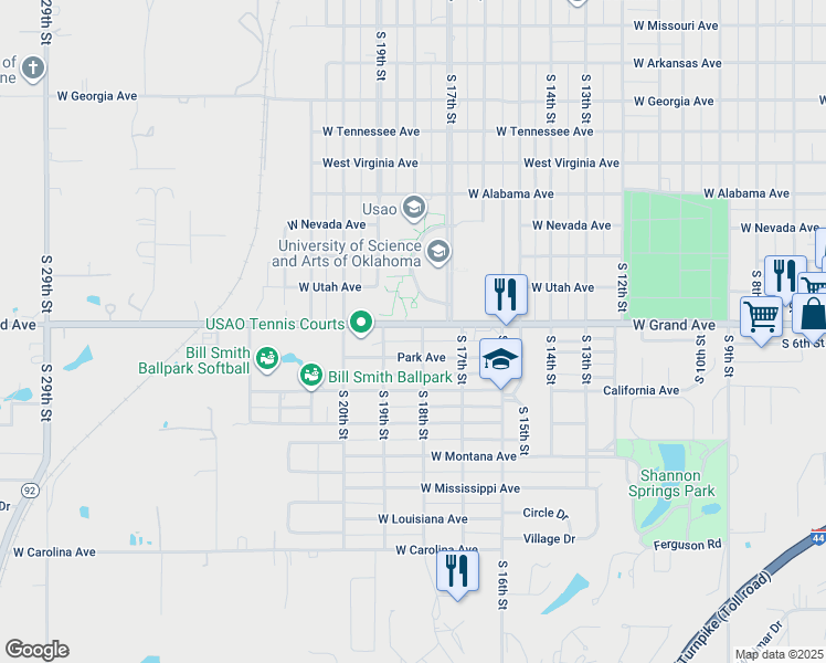 map of restaurants, bars, coffee shops, grocery stores, and more near 1805 West Grand Avenue in Chickasha