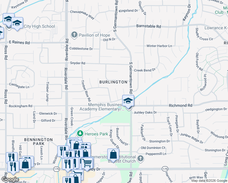 map of restaurants, bars, coffee shops, grocery stores, and more near 4359 Spring Oak Cove in Memphis