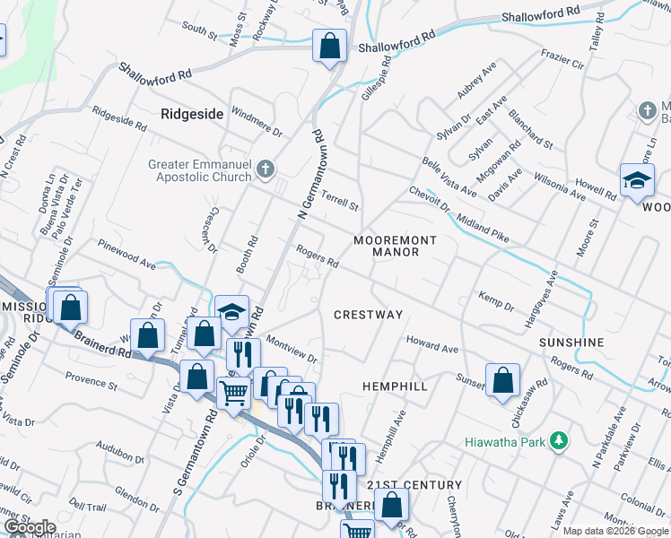 map of restaurants, bars, coffee shops, grocery stores, and more near 452 Gillespie Road in Chattanooga