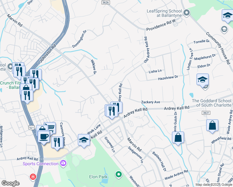 map of restaurants, bars, coffee shops, grocery stores, and more near 16800 Brandon Brook Drive in Charlotte