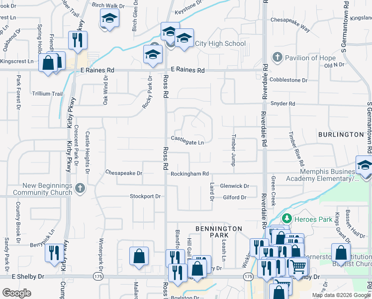 map of restaurants, bars, coffee shops, grocery stores, and more near 6758 Valley Bend Drive in Memphis