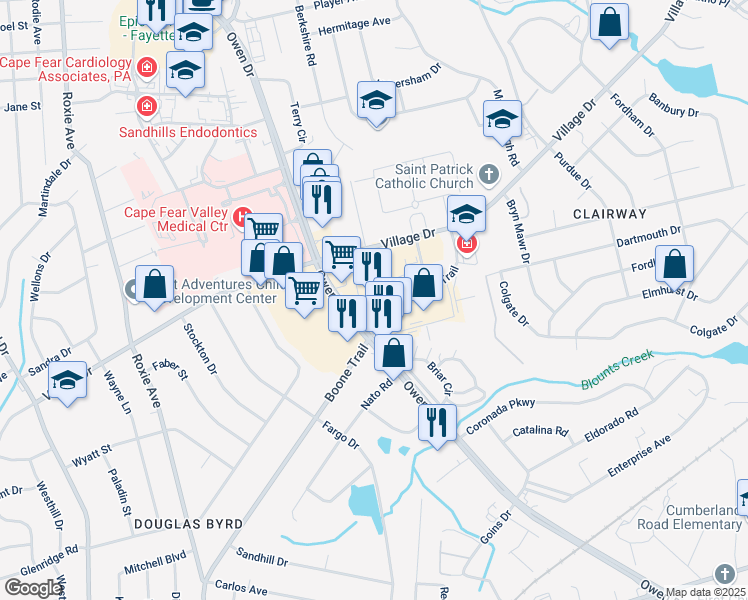 map of restaurants, bars, coffee shops, grocery stores, and more near 1707 Owen Drive in Fayetteville