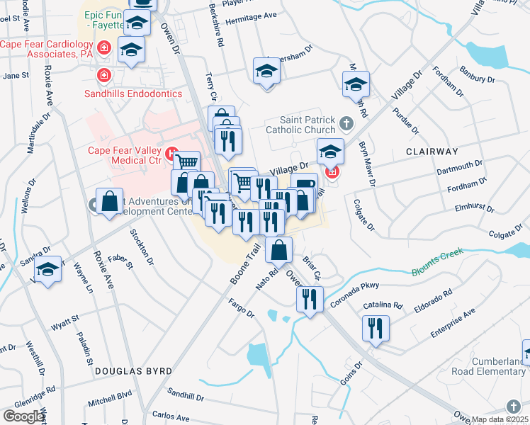 map of restaurants, bars, coffee shops, grocery stores, and more near 1707 Owen Drive in Fayetteville