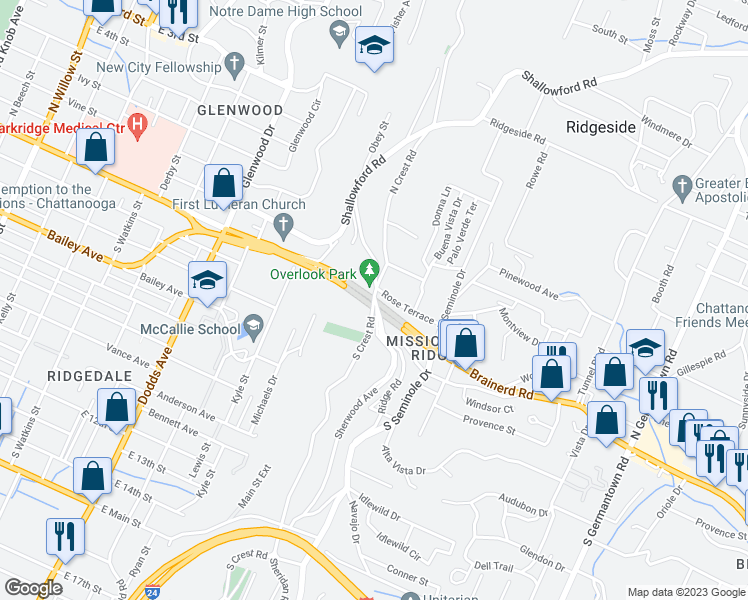 map of restaurants, bars, coffee shops, grocery stores, and more near 5 South Crest Road in Chattanooga