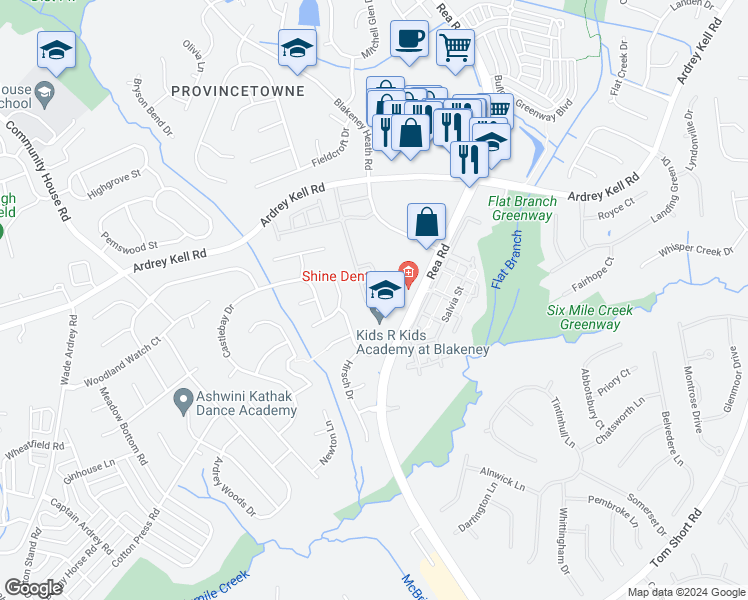 map of restaurants, bars, coffee shops, grocery stores, and more near 10345 Blakeney Preserve Drive in Charlotte