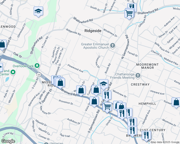 map of restaurants, bars, coffee shops, grocery stores, and more near 3353 Pinewood Avenue in Chattanooga