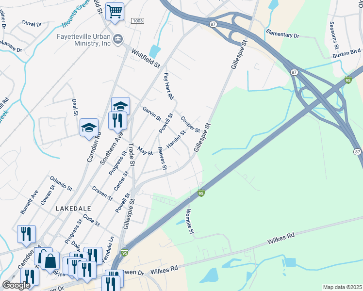 map of restaurants, bars, coffee shops, grocery stores, and more near 145 Grady Street in Fayetteville
