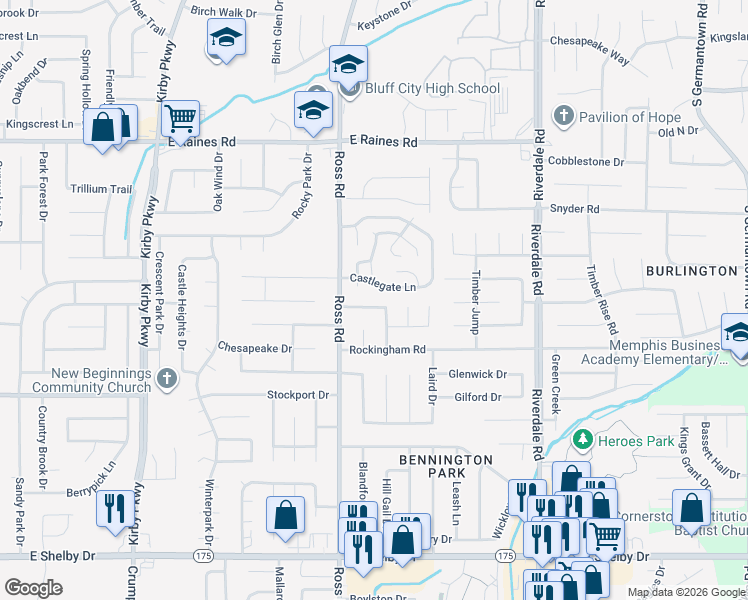 map of restaurants, bars, coffee shops, grocery stores, and more near 6744 Valley Bend Drive in Memphis