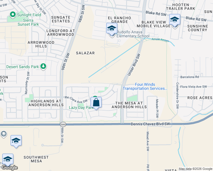 map of restaurants, bars, coffee shops, grocery stores, and more near 9019 Hidden Spring Avenue Southwest in Albuquerque