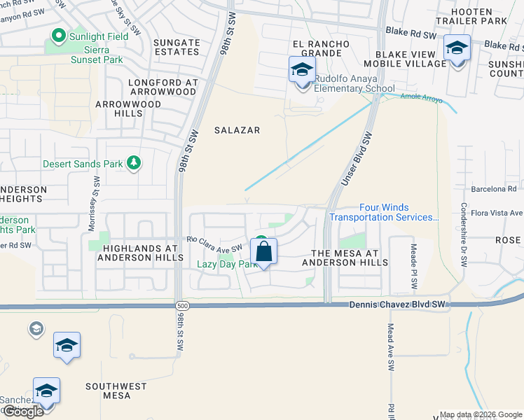 map of restaurants, bars, coffee shops, grocery stores, and more near 9119 Hidden Spring Avenue Southwest in Albuquerque