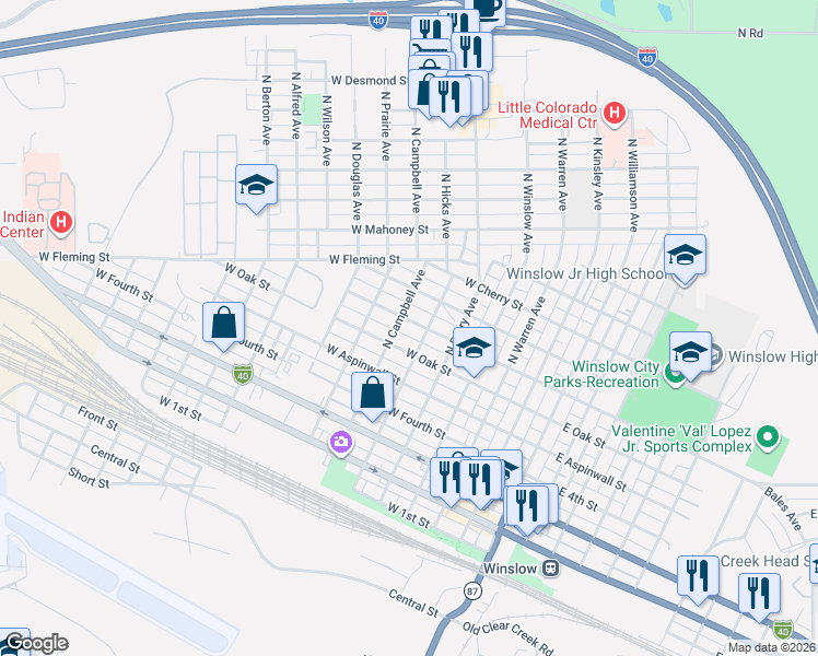 map of restaurants, bars, coffee shops, grocery stores, and more near 504 West Maple Street in Winslow