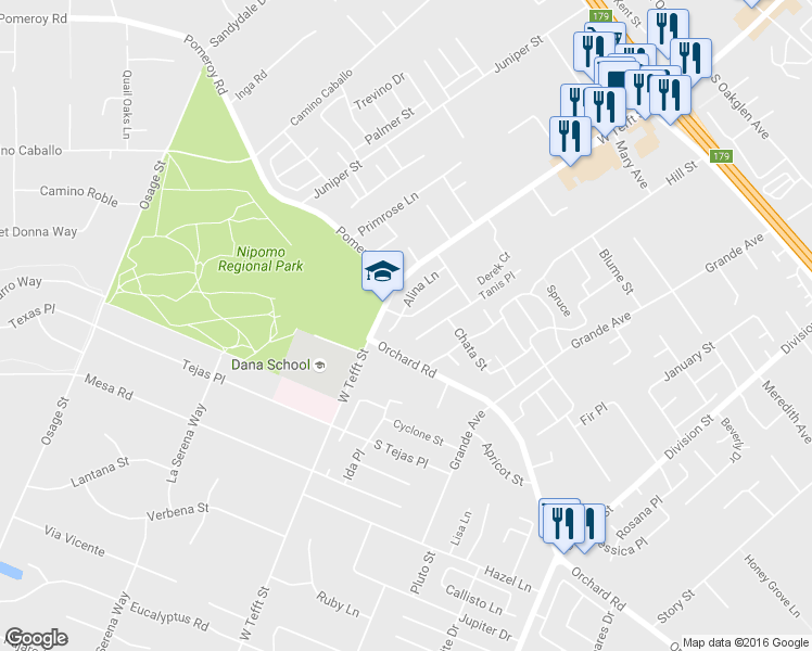 map of restaurants, bars, coffee shops, grocery stores, and more near 879 Alina Lane in Nipomo