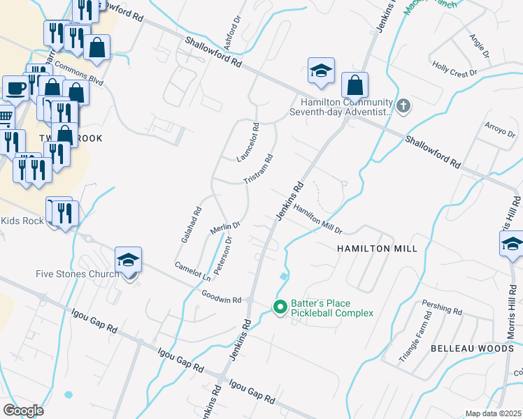 map of restaurants, bars, coffee shops, grocery stores, and more near 7815 Avalon Acres Court in Chattanooga