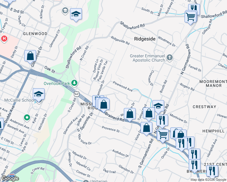 map of restaurants, bars, coffee shops, grocery stores, and more near 3306 Pinewood Terrace in Chattanooga