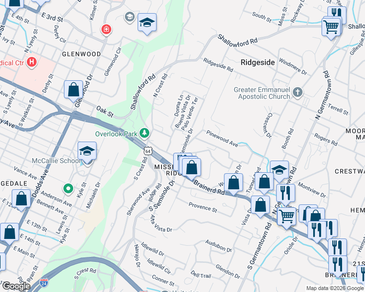 map of restaurants, bars, coffee shops, grocery stores, and more near 113 North Seminole Drive in Chattanooga