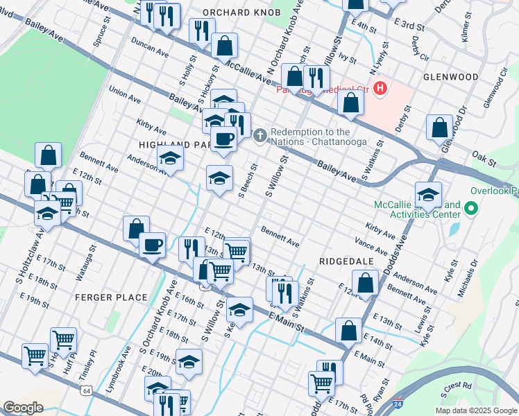 map of restaurants, bars, coffee shops, grocery stores, and more near 907 South Willow Street in Chattanooga